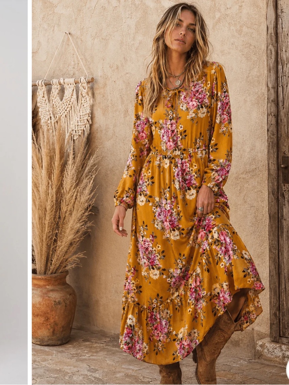 Boho NWT Mustard Floral Long Sleeve Midi Dress S-M-L